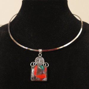 Copper Red Coral and Charoite Pendant